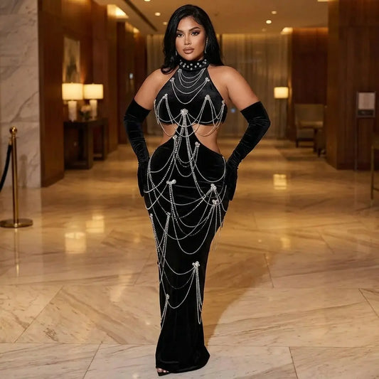 Aurevia Crystal Evening Dress - Luxury Black Velvet Crystal Chain Gown - AUREVIA ELEGANT